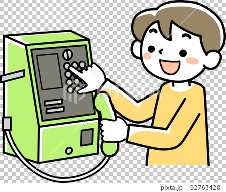 公衆電話を使って電話をかける男の子 92763428