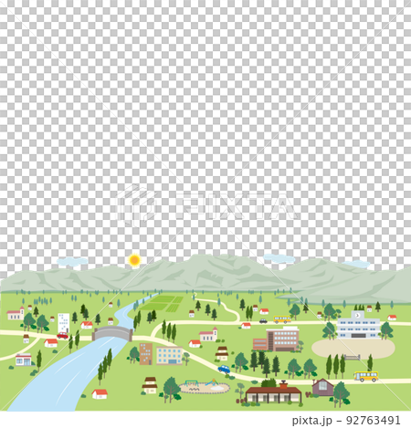 Landscape background illustration with mountains, rivers and towns 92763491