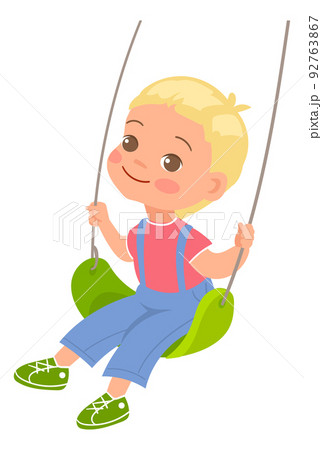 Kid on rope swing. Swinging girl. Preschool child playing in playground with attractions. Park recreation. Summer outdoor leisure. Joyful baby riding carousel. Vector happy teen activity 92763867
