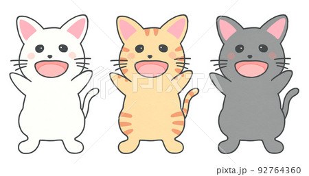 喜んでいる猫のイラスト　輪郭＝実線＆黒色　3色セット 92764360