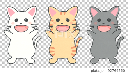 喜んでいる猫のイラスト　輪郭＝実線＆黒色　3色セット 92764360