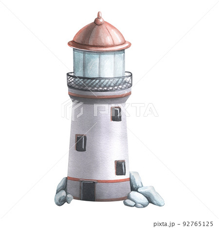 A marine lighthouse with stones, in gray and coral colors. Watercolor illustration. An isolated object from a large set of WHALES. For decoration and design of beach accessories, postcards, posters 92765125