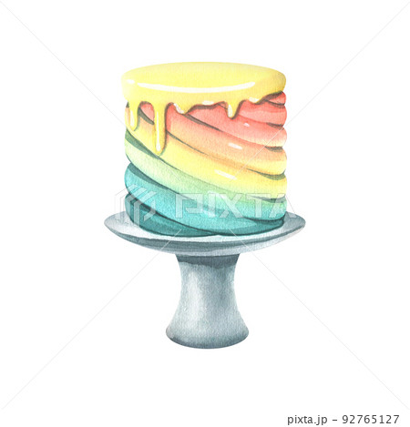 Rainbow cake with icing on a stand. Blank for the design and decoration of festive and kitchen, confectionery paraphernalia. Watercolor illustration. An isolated from a large set of HAPPY BIRTHDAY. 92765127