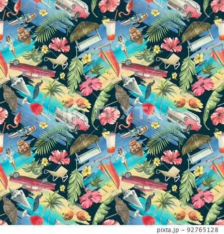 Tropical, Cuban, bright pattern. Seamless on a dark background with cocktails, palm trees, retro cars, pink flamingos, seashells. Watercolor illustration from a large CUBA set. 92765128
