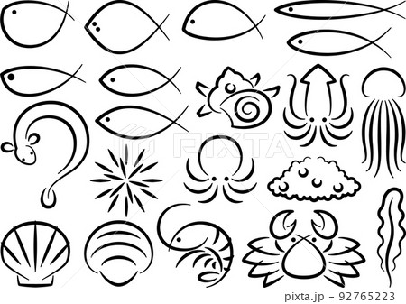 シンプルな線画の魚介類 シーフード イラストセット シンプルな線画の魚介類 シーフード イラストセット 92765223