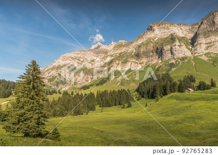 Idyllic mountain landscape in the Swiss Alps with Alpstein and Saentis mountain peak, Switzerland Idyllic mountain landscape in the Swiss Alps with Alpstein and Saentis mountain peak, Switzerland 92765283
