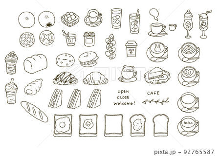 シンプルなタッチ 色々なパンとカフェモチーフのイラストレーションセット シンプルなタッチ 色々なパンとカフェモチーフのイラストレーションセット 92765587