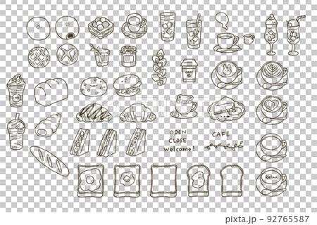 シンプルなタッチ 色々なパンとカフェモチーフのイラストレーションセット シンプルなタッチ 色々なパンとカフェモチーフのイラストレーションセット 92765587
