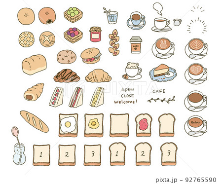 シンプルなタッチ　色々なパンとカフェモチーフのイラストレーションセット 92765590