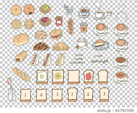 シンプルなタッチ　色々なパンとカフェモチーフのイラストレーションセット 92765590