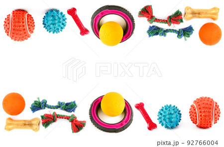 Dog toys isolated on white . Collage. Free space for text. Dog toys isolated on white . Collage. Free space for text. 92766004