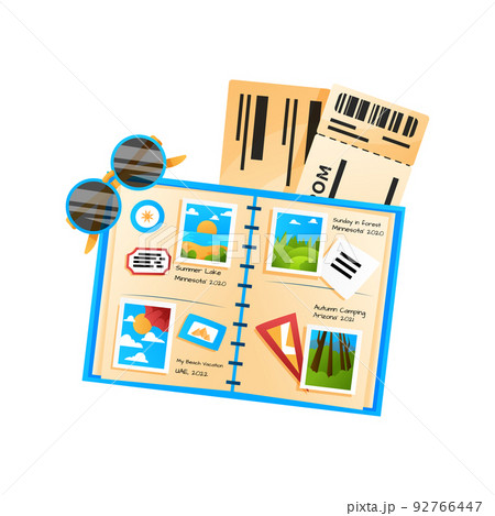 Travel album with photos and luggage stickers vector cartoon illustration. 92766447