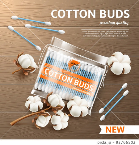 Cosmetic cotton buds poster. Realistic ear swabs pack, cotton inflorescences, cosmetic product, hygiene and skin care, transparent packaging, advertising banner utter vector concept 92766502