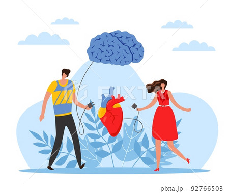 Connection between mind and heart. Common sense and emotions, balance of relationships, male and female type of decision making. Feelings and logic in couple vector cartoon flat concept Connection between mind and heart. Common sense and emotions, balance of relationships, male and female type of decision making. Feelings and logic in couple vector cartoon flat concept 92766503
