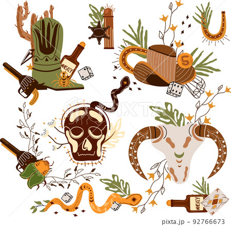 Set Wild west composition with cowboy hat, playing cards, an skull, a mystical snake, dice, gun and other. Further Old West in flat style. Vector illustration 92766673