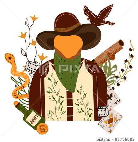 Wild west poster with a sheriff character in cowboy hat, snake, flying eagle, cowboy gun. Further Old West in flat style. Vector illustration. 92766685