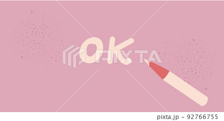 Handwritten Ok sign with pencil on pink backhround 92766755