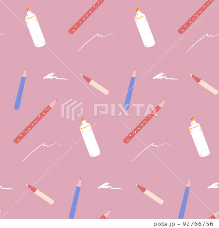 Stationery seamless pattern, pen and pencils, marker on pink background 92766756