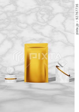 Golden luxurious pouch bag branding design mockup marble background podium 3D render Premium coffee beans pack template 92767736