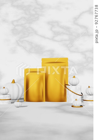 Golden luxurious pouch bag branding design mockup marble background pumpkin 3D render Premium coffee beans pack template Golden luxurious pouch bag branding design mockup marble background pumpkin 3D render Premium coffee beans pack template 92767738