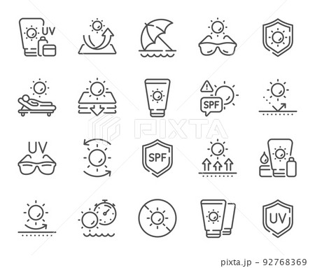 Sun protection line icons. Sunscreen, beach lounger and umbrella set. Summer sunbed, sunblock cream and uv sunglasses line icons. Spf protection, skin care lotion and beach sunscreen. Vector 92768369