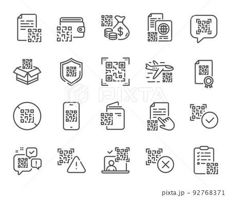 Qr code line icons. Vaccination certificate, phone qr scan and qrcode document set. Verification process, code scanning and boarding pass line icons. Valid vaccination qr passport. Vector 92768371