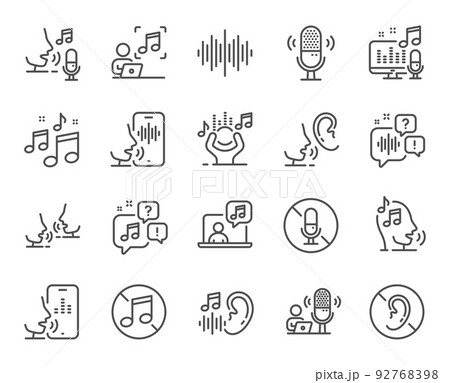 Voice line icons. Voicemail, microphone record and silence. Whisper talk, listen voice and ear hearing disability line icons. Speak recognition, phone dictation and audio sound wave. Vector 92768398