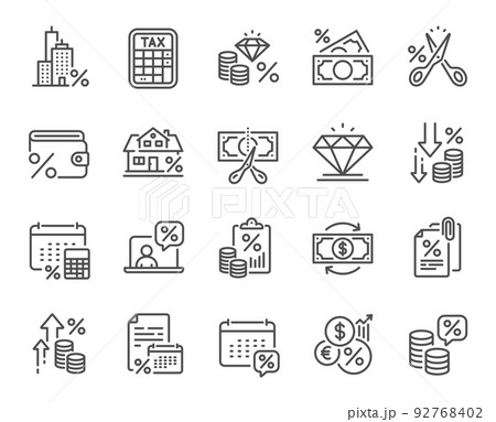 Tax line icons. Mortgage rate, Money credit and finance payroll set. Increase percent rate, return overpayment money, tax amount line icons. Jewel value, cut finance and tax evasion. Vector Tax line icons. Mortgage rate, Money credit and finance payroll set. Increase percent rate, return overpayment money, tax amount line icons. Jewel value, cut finance and tax evasion. Vector 92768402