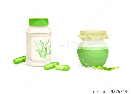 Green Spirulina in Capsule and Liquid in Jar as Marine Algae Vector Set Green Spirulina in Capsule and Liquid in Jar as Marine Algae Vector Set 92768540