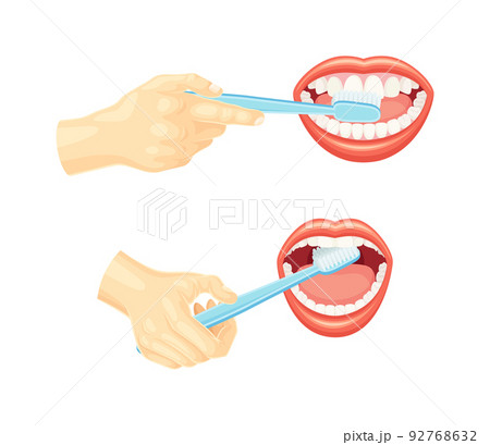 Oral Care and Dental Hygiene with Hands Cleaning Teeth with Toothbrush and Open Mouth Vector Set 92768632