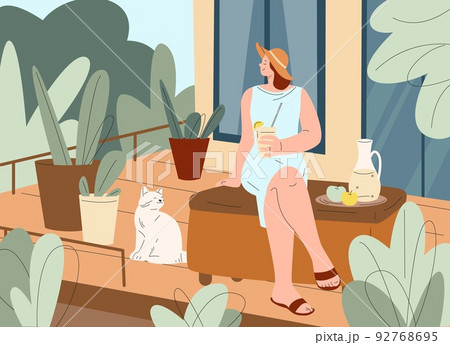 Woman on balcony relax. Terrace summer rest, slow lifestyle with cat and drink. Female on green house porch enjoy life, backyard or garden kicky vector scene 92768695