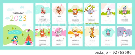 New year 2023 animal home calendar. Cute tribal penguin, zebra giraffe and koala. Cute wild animals on diverse months and seasons. Kids planner nowaday vector template 92768696