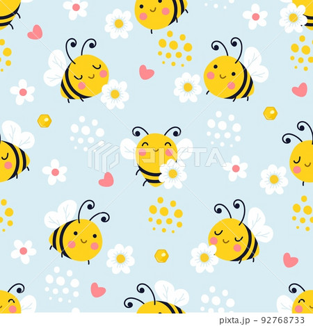Bee seamless pattern. Bees flying, daisy meadow and insect pretty fabric prints. Cute cartoon summer spring babies background, nowaday nature vector template 92768733