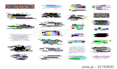 Digital decay elements. Television glitch effects, screen white noise and censored textures. Geometric darkness bright glitches. Pixel error racy vector set Digital decay elements. Television glitch effects, screen white noise and censored textures. Geometric darkness bright glitches. Pixel error racy vector set 92769695