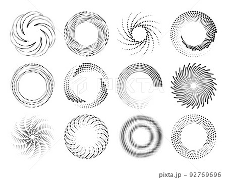 Circle dotted speed lines halftone effect. Round movement spirals, abstract swirl frames design. Circular dot logos, isolated technical graphic racy vector elements Circle dotted speed lines halftone effect. Round movement spirals, abstract swirl frames design. Circular dot logos, isolated technical graphic racy vector elements 92769696