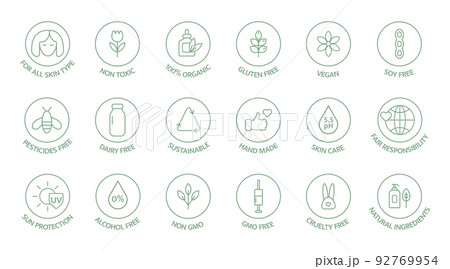 Vegan, organic cosmetic line icons. GMO free emblem. Natural food. Handmade ecology symbol. Skincare pictogram. Product free allergen label. Biodegradable sticker. Healthy eating. Vector illustration 92769954