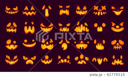 Glowing pumpkin faces. Glow eyes and teeth mouth of scary halloween creatures, jack-o-lantern carved spooky evil face or smile pumpkins emoji smiley, ingenious vector illustration 92770510