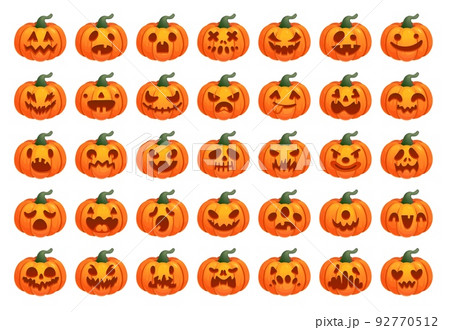 Pumpkin emoji. Halloween cartoon pumpkins carved face, helloween happy emotions, smiling funny mask, cute stickers, scary faces, set orange evil icons ingenious vector illustration 92770512