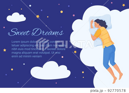Sweet dreams layout. Comfortably peaceful healthy sleep on mattress bed, relaxed adult happy woman sleeping and floating in dream night stars, banner template vector illustration 92770578