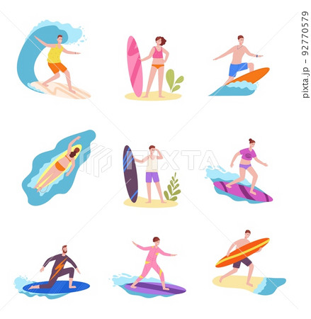 Surfers ride in sea. Surfer on surfboard riding ocean wave, australia swell water sporting travel happy man swim board surfing california beach activity vacation, splendid vector Surfers ride in sea. Surfer on surfboard riding ocean wave, australia swell water sporting travel happy man swim board surfing california beach activity vacation, splendid vector 92770579