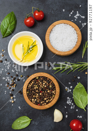 Food background from vegetable, spices, herb on black table. Food background from vegetable, spices, herb on black table. 92771197