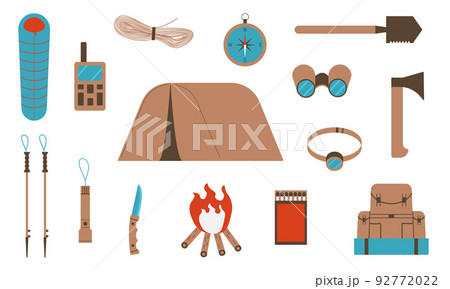 Set of elements for hiking and camping. Travel and adventure. Flat style. Vector. 92772022