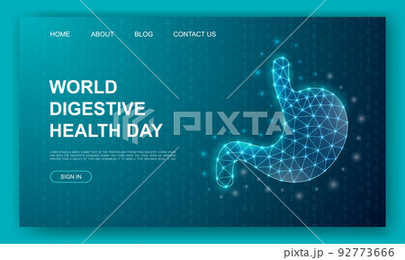 Stomach 3d polygonal website template. Digestive system design illustration concept. Low poly Organ symbol for homepage, promotion banner design. Stomach 3d polygonal website template. Digestive system design illustration concept. Low poly Organ symbol for homepage, promotion banner design. 92773666