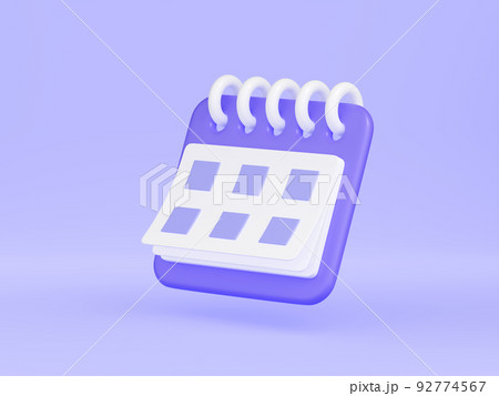 Calendar with date 3d render illustration. Purple floating organizer with rings and week lined up. 92774567