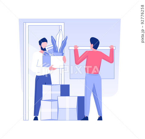 Moving in a new office isolated concept vector illustration. Group of people with boxes settling in a new office, corporate business, relocation and unpacking process vector concept. 92776258