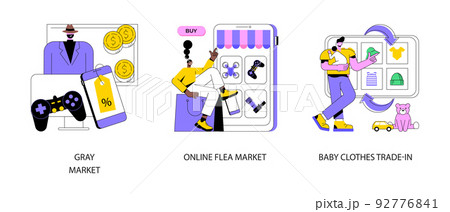 Second hand trade abstract concept vector illustration set. Gray market, online flea market, baby clothes trade-in, used goods, resale shop, vintage marketplace, antique auction abstract metaphor. 92776841