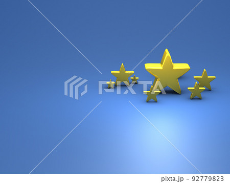 さまざまな大きさの金色の星のオーナメント。才能と能力を表す抽象的なコンセプト。クールな青い背景。 さまざまな大きさの金色の星のオーナメント。才能と能力を表す抽象的なコンセプト。クールな青い背景。 92779823