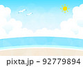 夏の青空と入道雲と海と砂浜のある背景イラスト 92779894