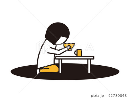 一人で食事をする少女_線画イラスト_黒と黄色 92780048