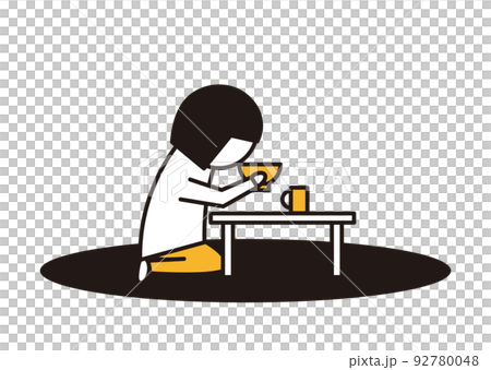 一人で食事をする少女_線画イラスト_黒と黄色 92780048